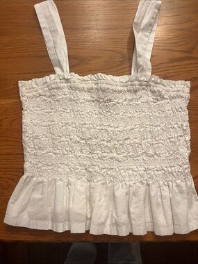 Smocked White Ruffle-Hem Tank Top with Straps